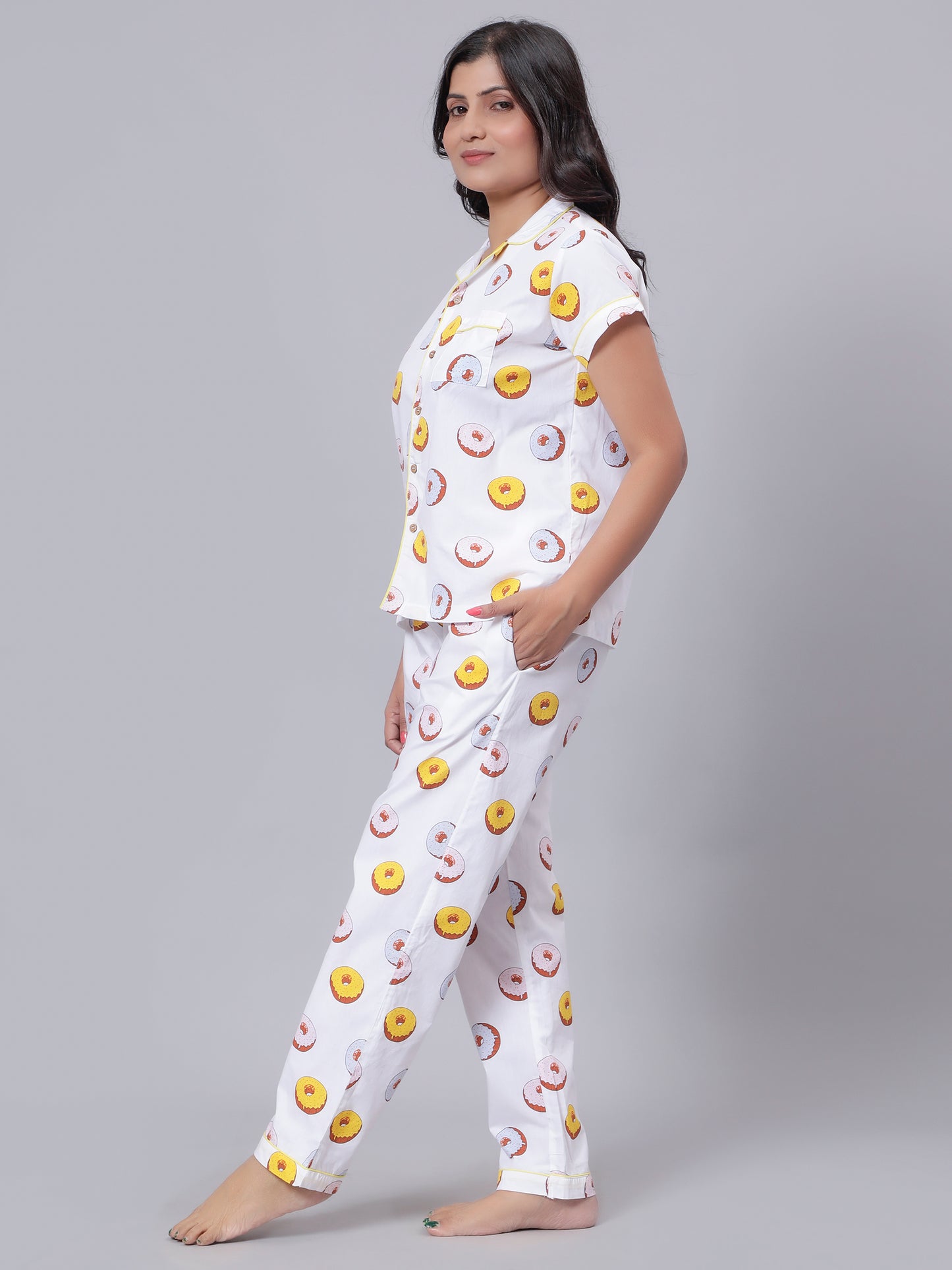 Notched Unisex Nightuit in Fun Donut Print- White