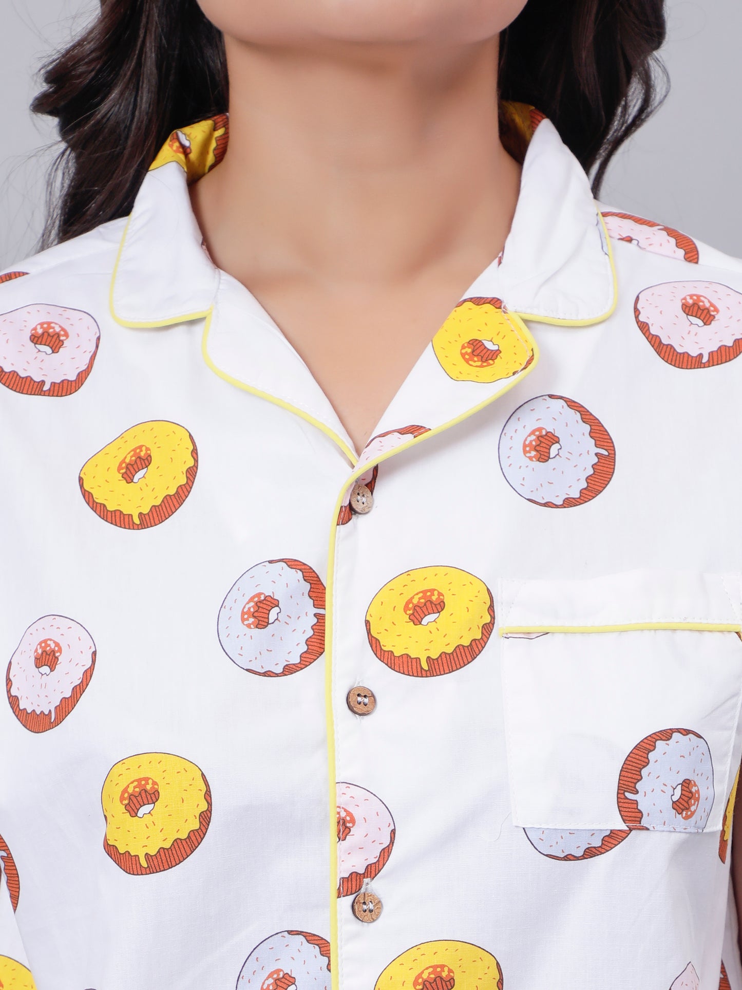 Notched Unisex nightsuit in Fun Donut Print- White