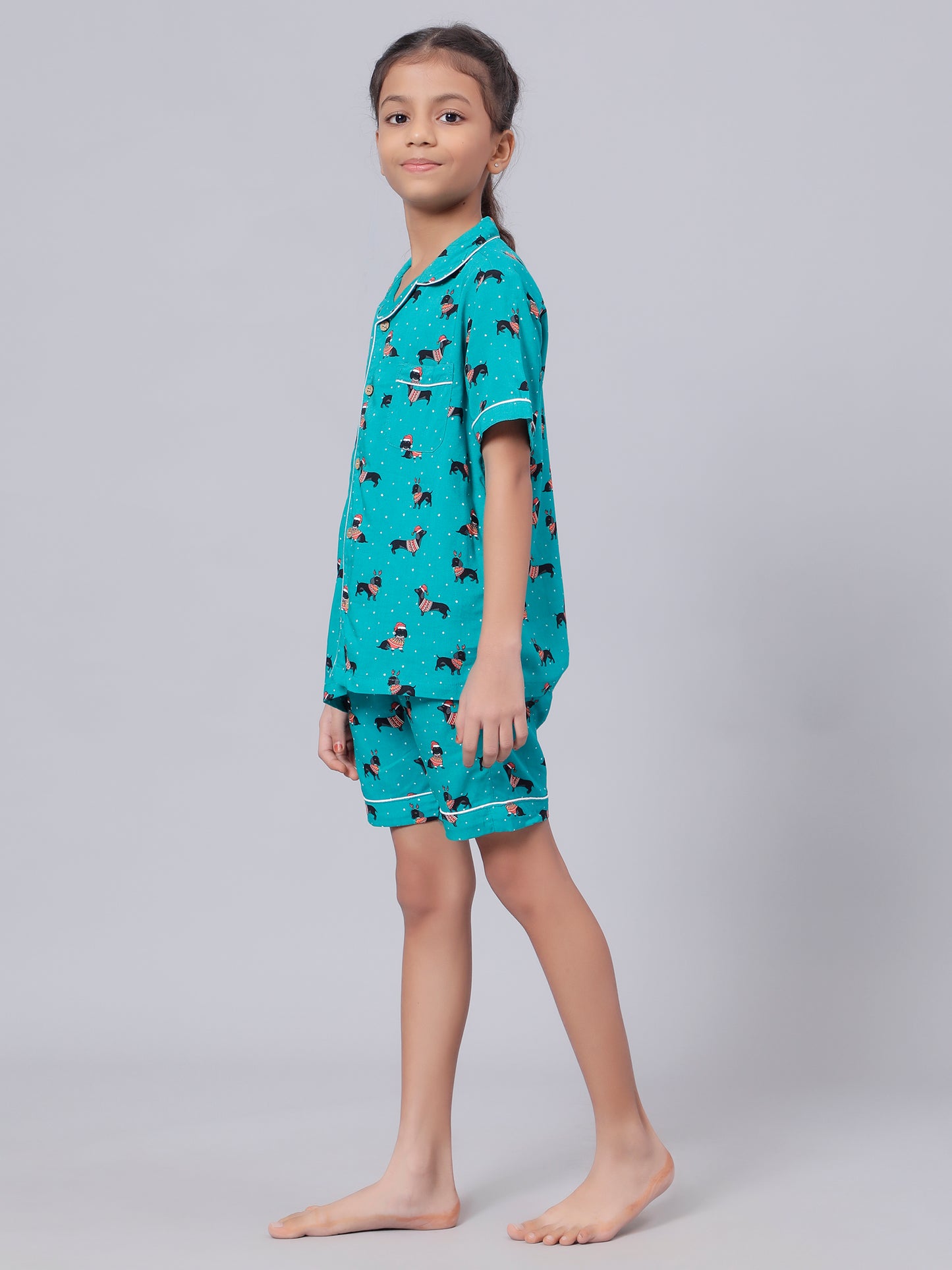 Notched Unisex Night Suits in Dachshund Puppies Print