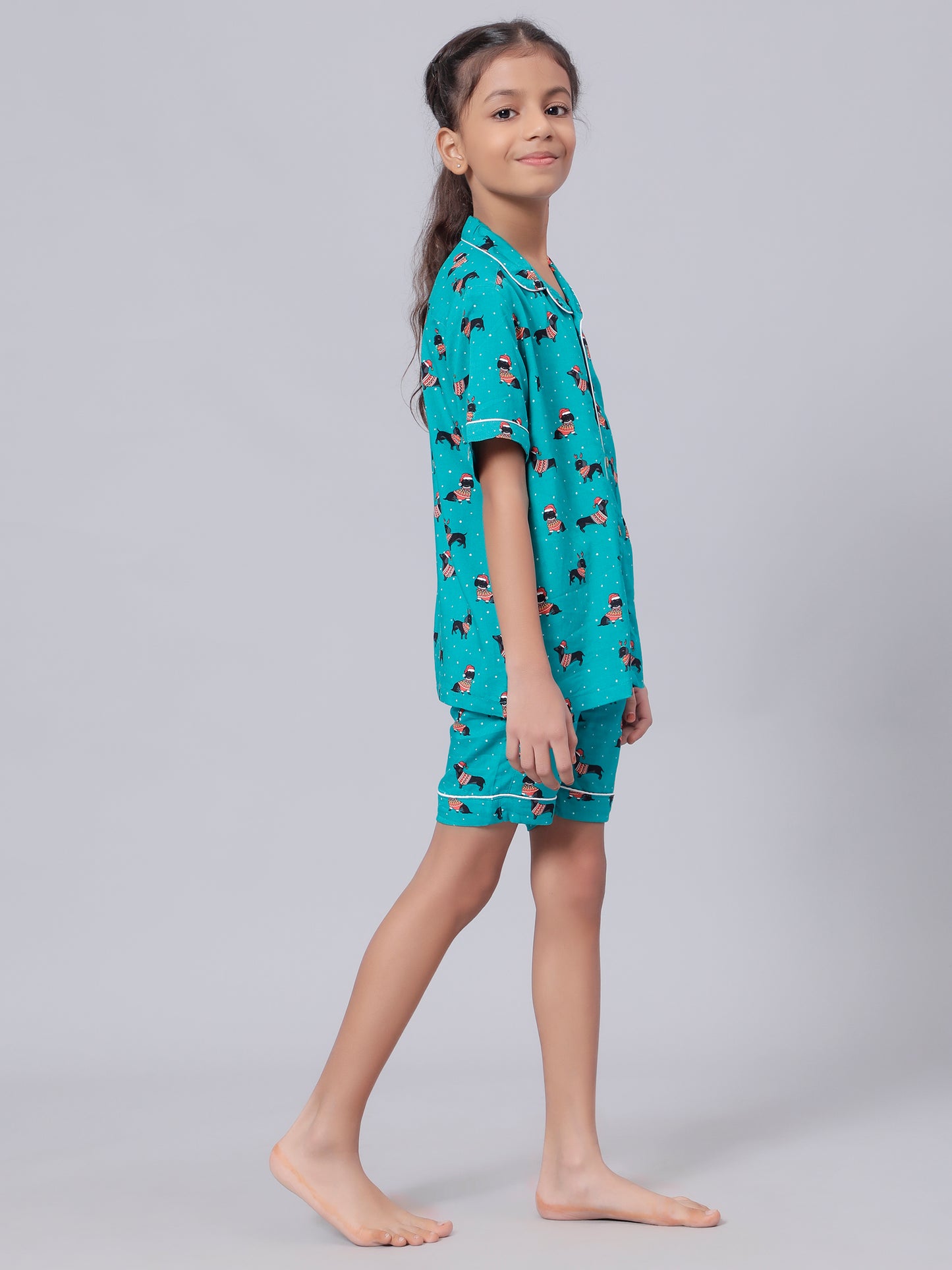 Notched Unisex Night Suits in Dachshund Puppies Print