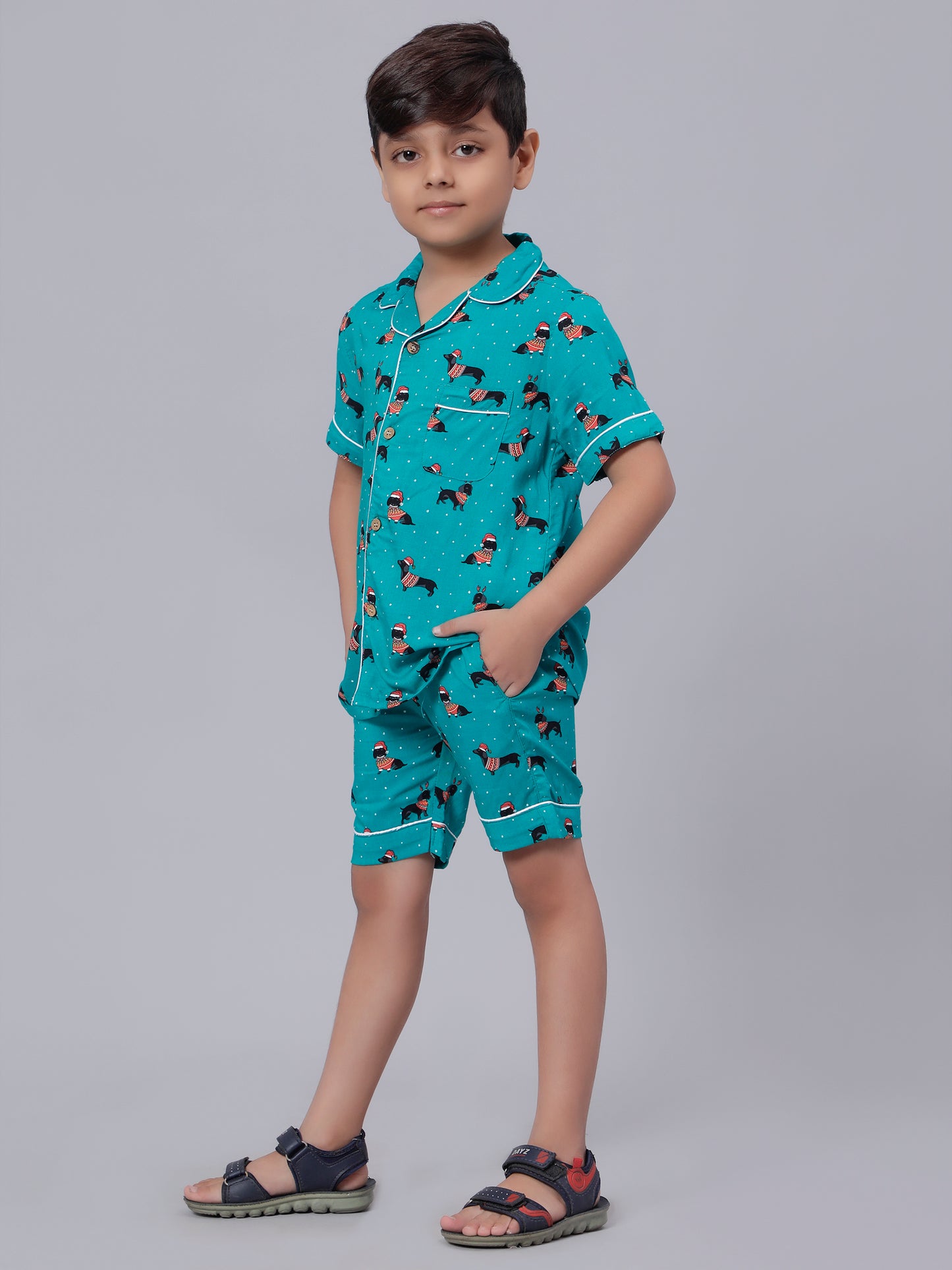 Notched Unisex Night Suits in Dachshund Puppies Print