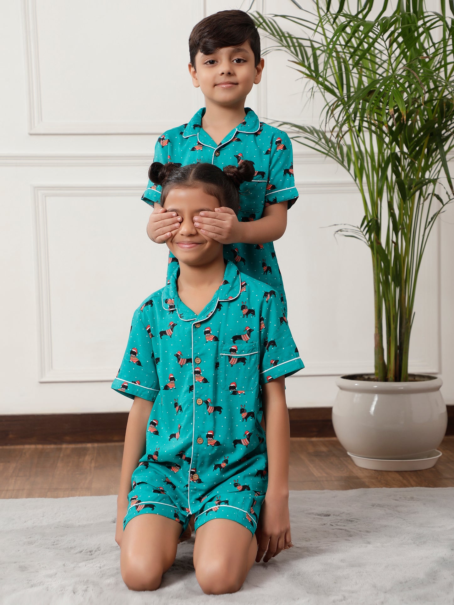 Notched Unisex Night Suits in Dachshund Puppies Print