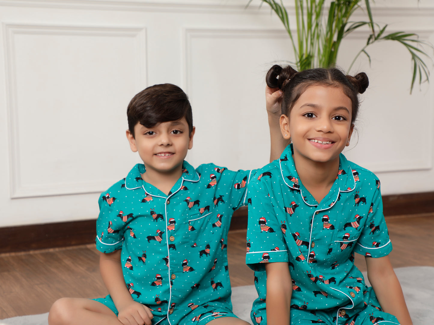 Notched Unisex Night Suits in Dachshund Puppies Print