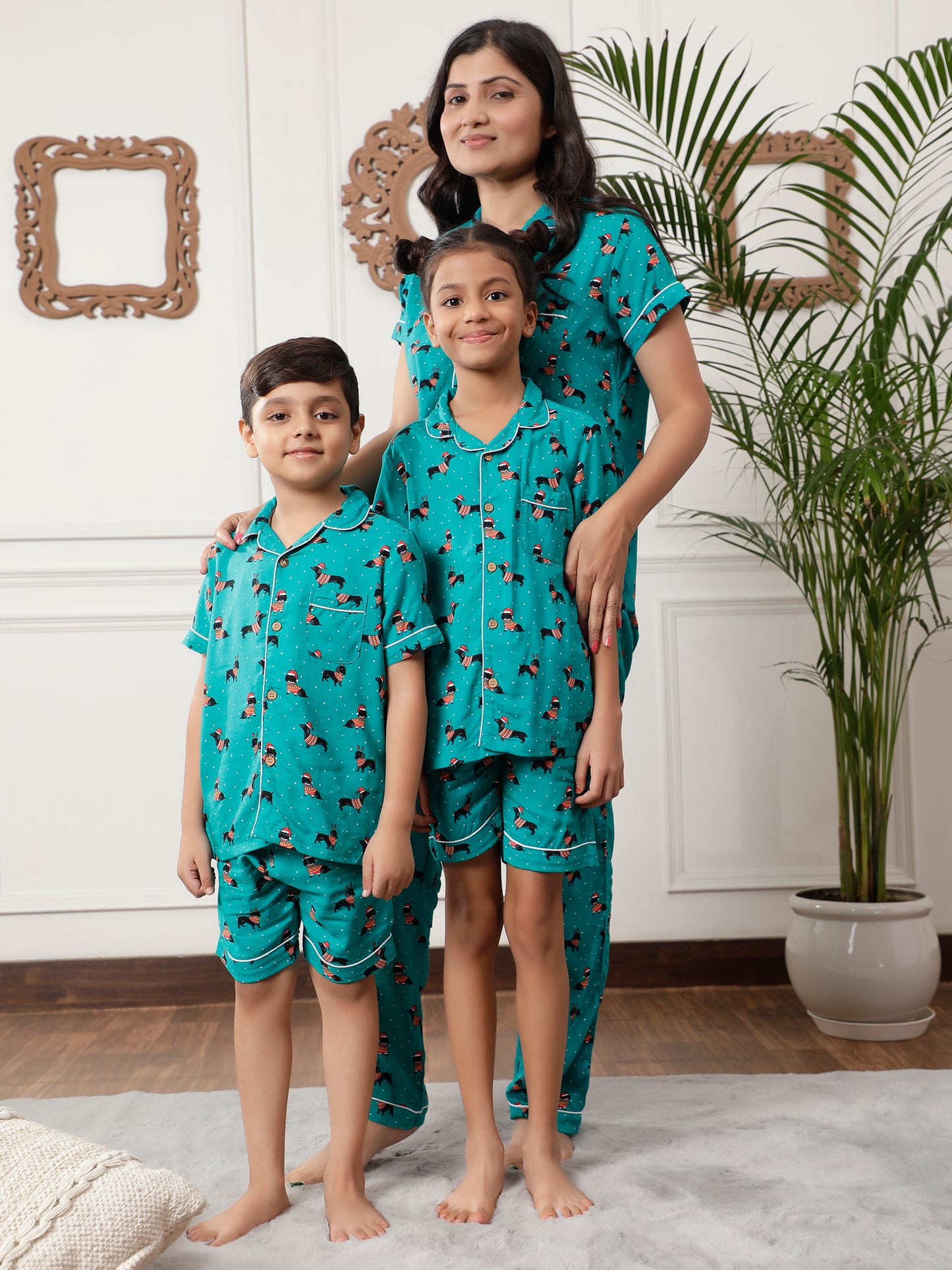 Notched Unisex Night Suits in Dachshund Puppies Print