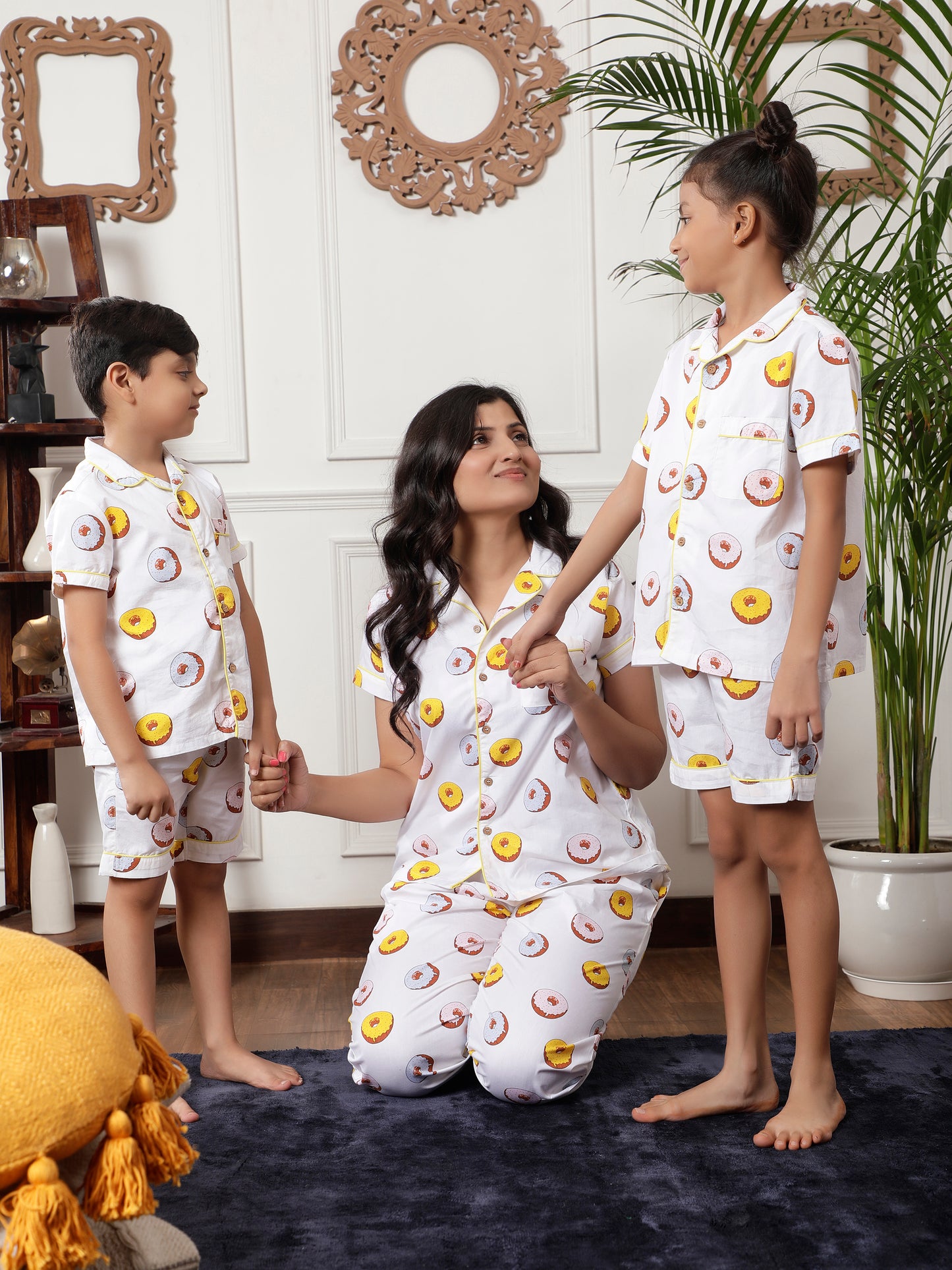 Notched Unisex Nightuit in Fun Donut Print- White