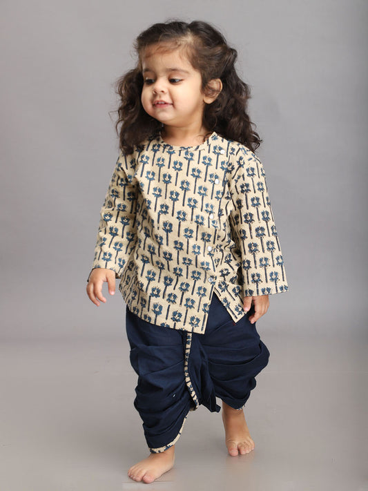 Infant Dhoti Kurta Set in Handloom Cotton - Beige & Navy