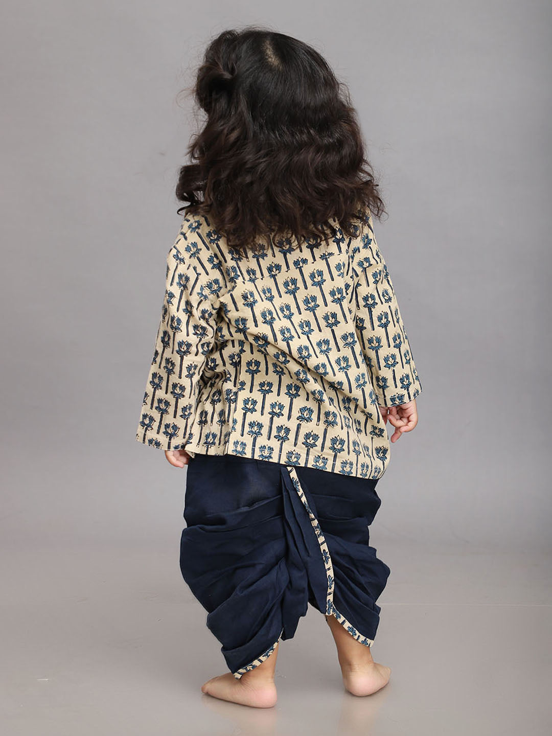 Infant Dhoti Kurta Set in Handloom Cotton - Beige & Navy