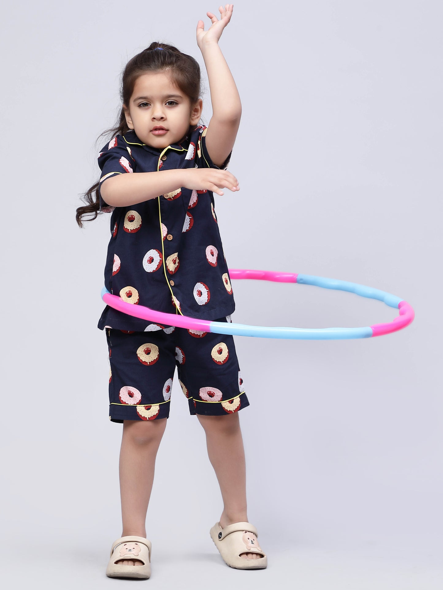 Notched Unisex Nightuit in Fun Donut Print- Navy