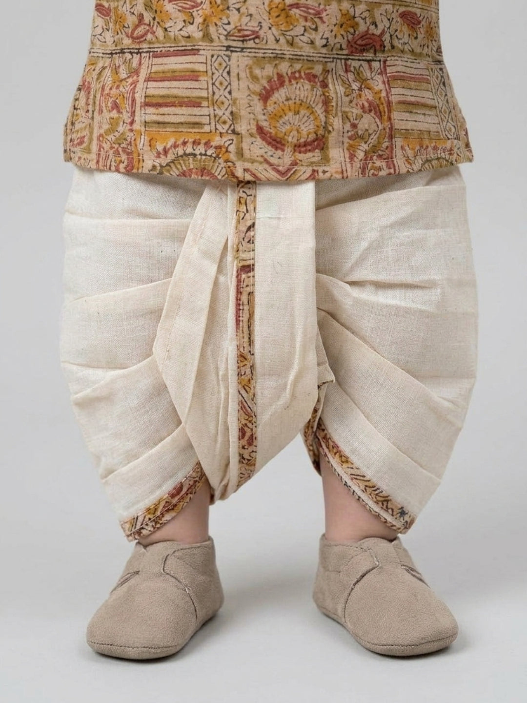 Biglilpeople Boys Beige Ethnic Printed Printed Cotton Angrakha Style Dhoti Set