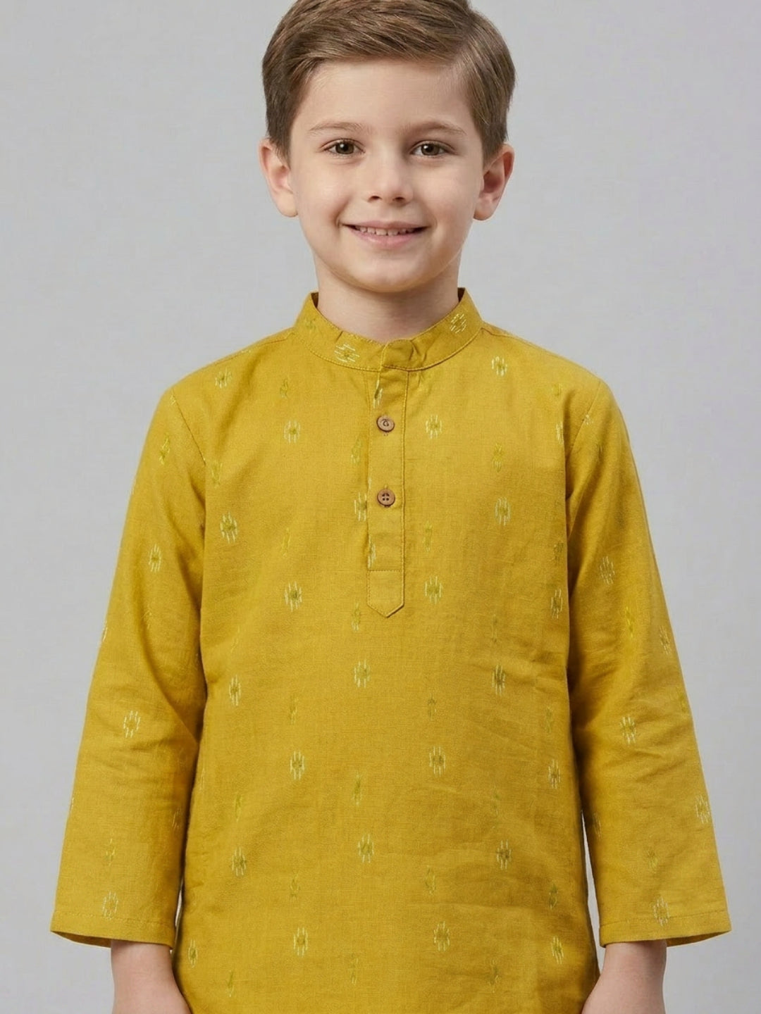 Biglilpeople Boys Mustard Yellow Cotton Kurta Set with Geometric Ikat Motif