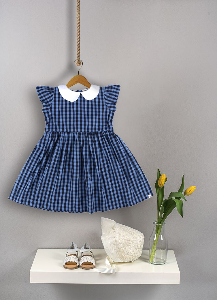 Peter Pan Collar Dress in Blue Black Checks