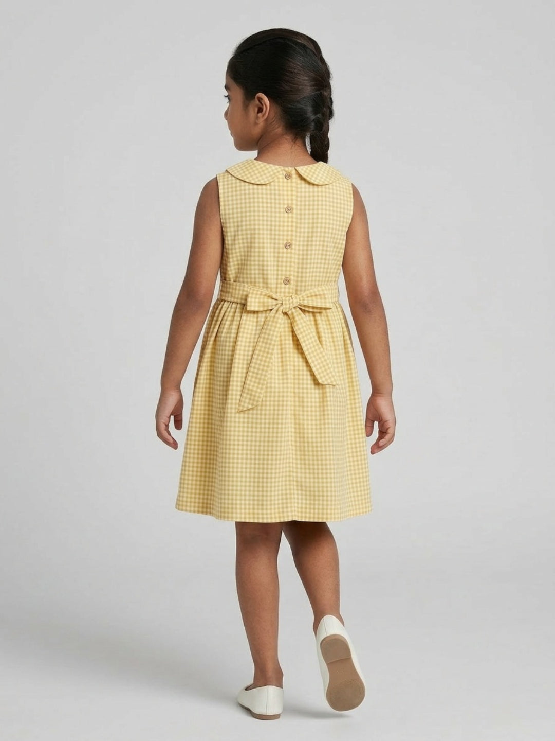 Girls Off White & Yellow checked Knee Length Peter Pan Collar Dress