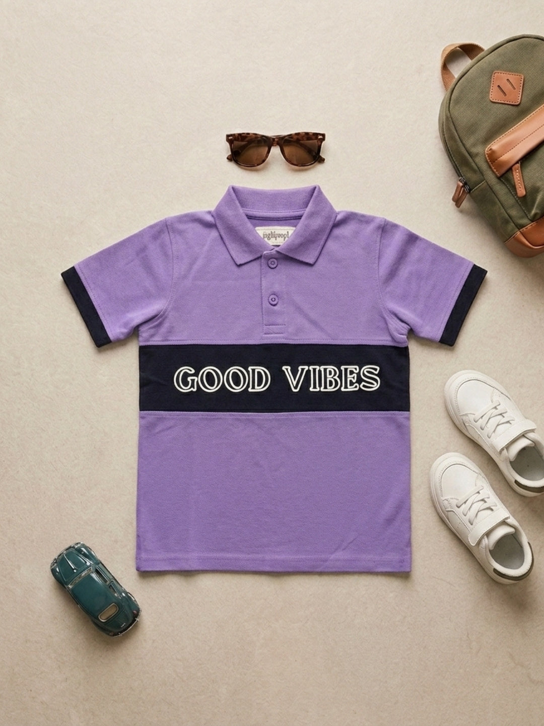 Boys Pure Cotton Lavender & Navy Color Pique Polo T Shirt with Good Vibes design Print