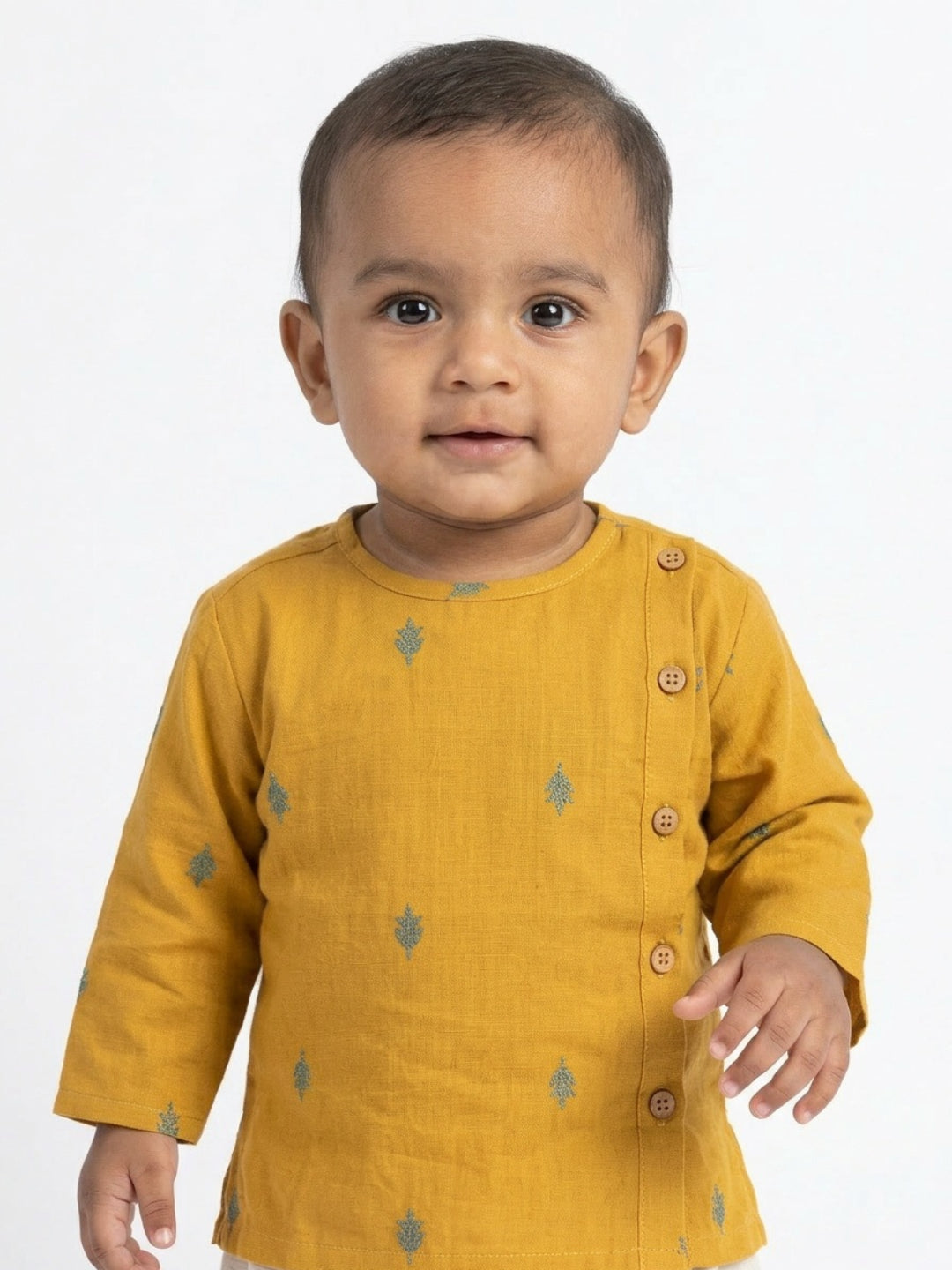 Infants round neck Mustard color cotton dhoti kurta set with side button closure