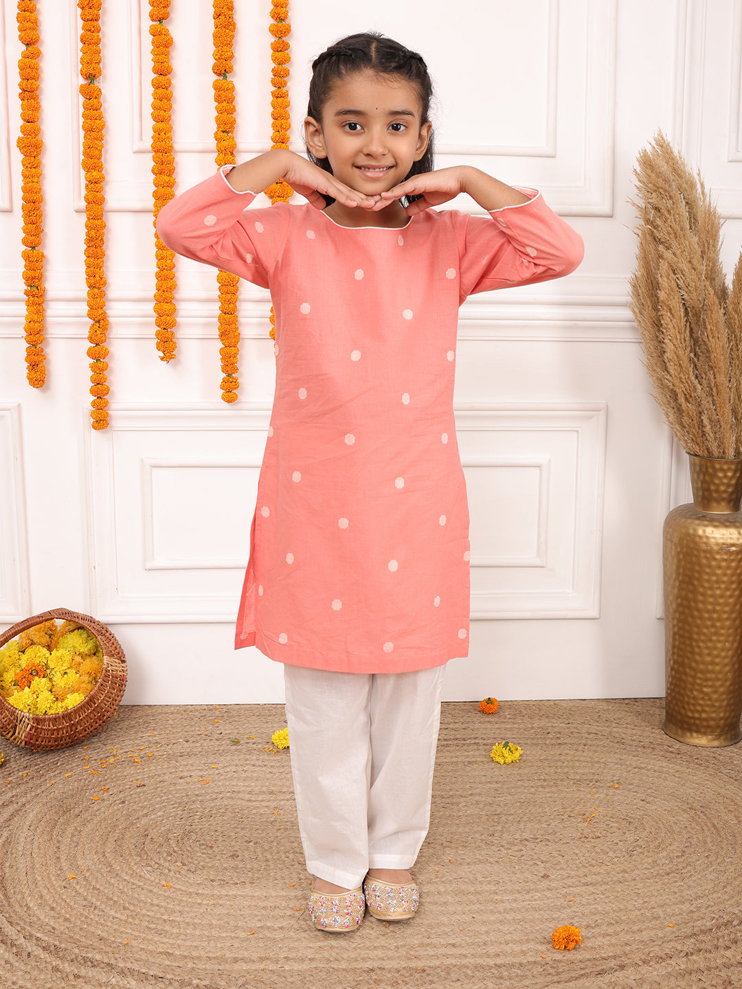 Biglilpeople Girls Woven Polka Dot Round Neck 3/4th Sleeves Kurta Set