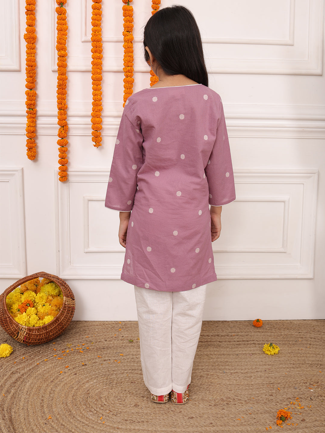 Biglilpeople Girls Woven Polka Dot Round Neck 3/4th Sleeves Kurta Set