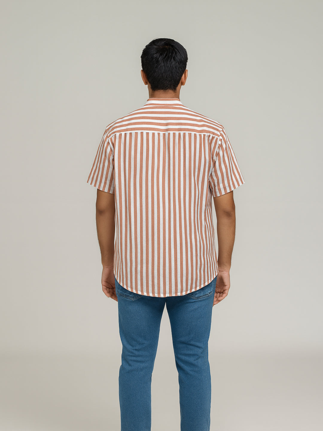 Biglilpeople Men's Striped Band Collar Short Sleeves Shirt