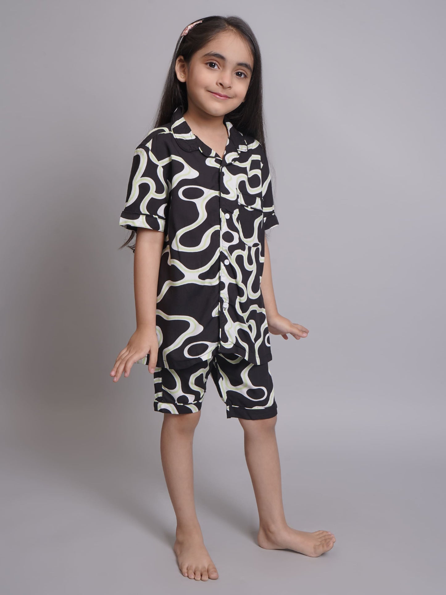 Abstract Printed Half Sleeves Night Suits For Girls