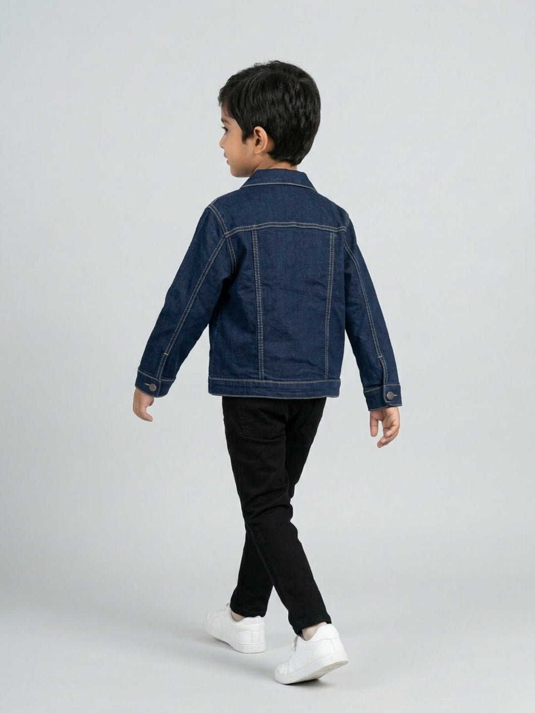 Biglilpeople Boys Navy Blue Solid Spread Collar Full Sleeves Denim Jacket
