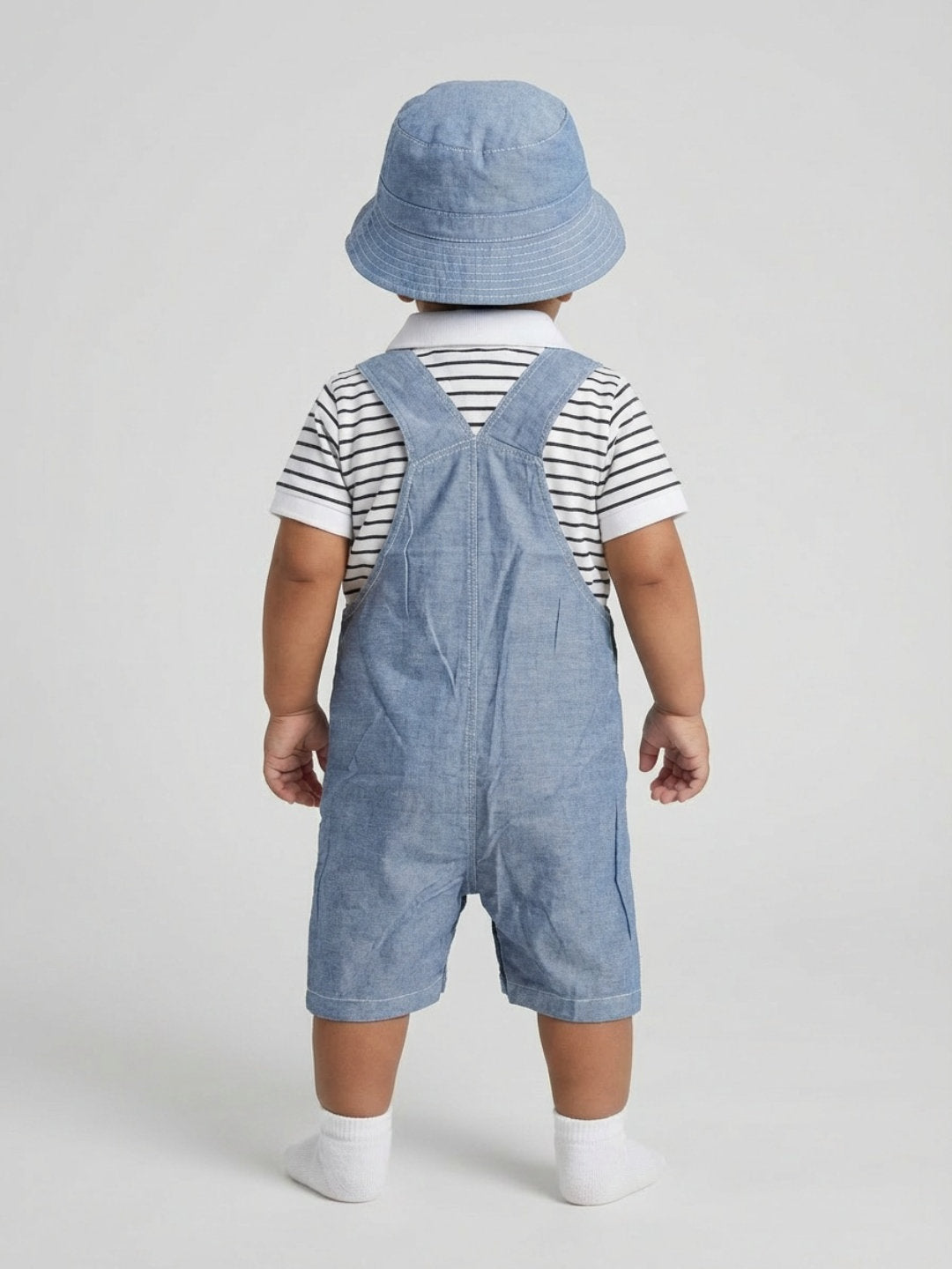 Biglilpeople Boys Blue Square Neck Short Sleeves T-Shirt & Dungaree Set with Hat