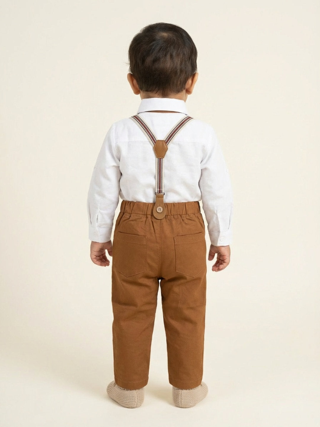 Biglilpeople Boys Brown Spread Collar Full Sleeves Bow Tie & Suspenders Formal Set