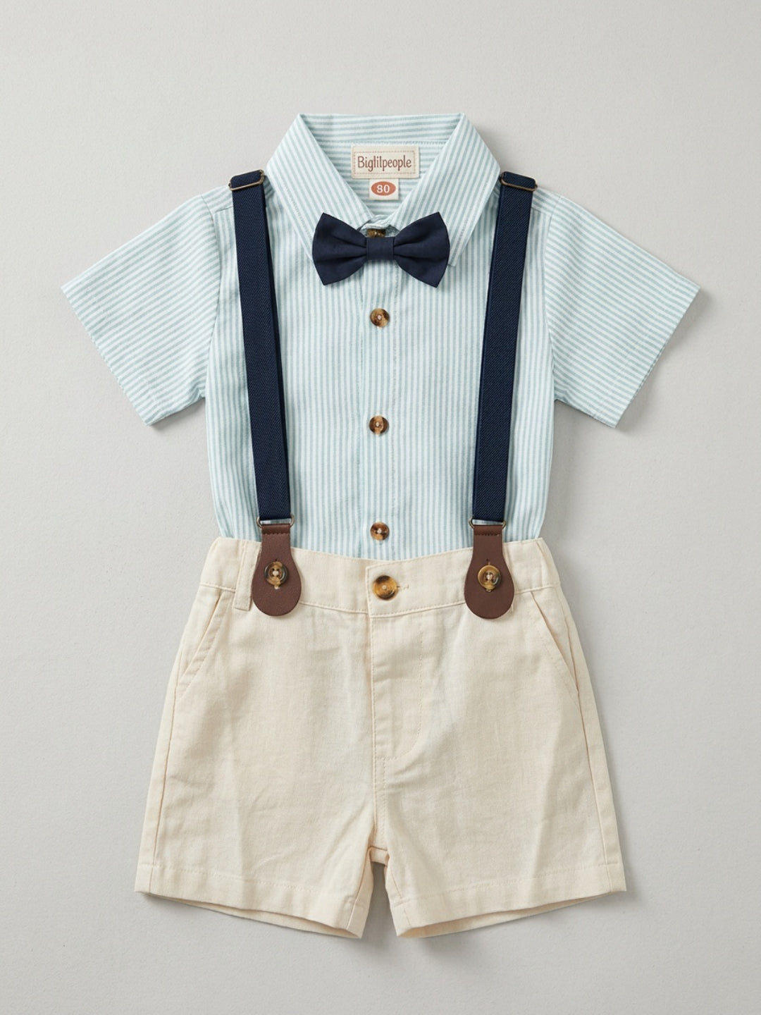 Biglilpeople Boys Green Shirt & Beige Shorts with Classic Bow Tie & Suspenders