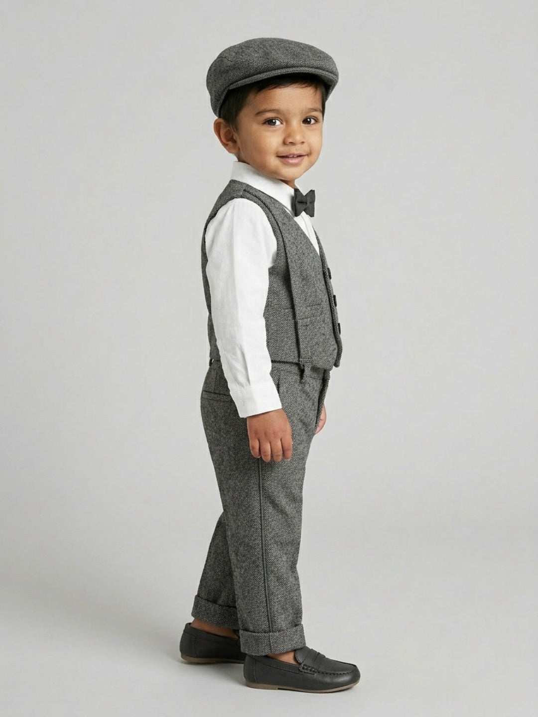 बिग्लिलपीपल लड़कों के लिए 4-पीस ग्रे सूट सेट: वास्कट के साथ शर्ट, सस्पेंडर्स पैंट, कैप और क्लासिक बो