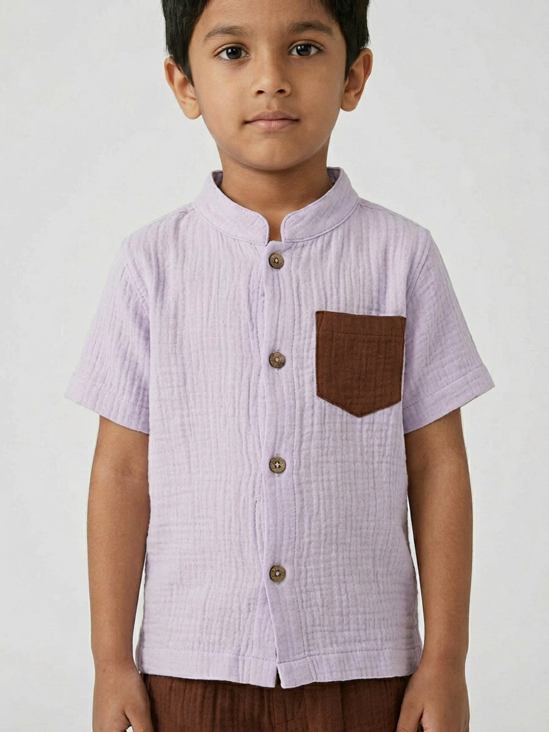 Biglilpeople Boys Organic Soft Crinkled Muslin Lavender Mandarin Collar Shirt & Brown Short