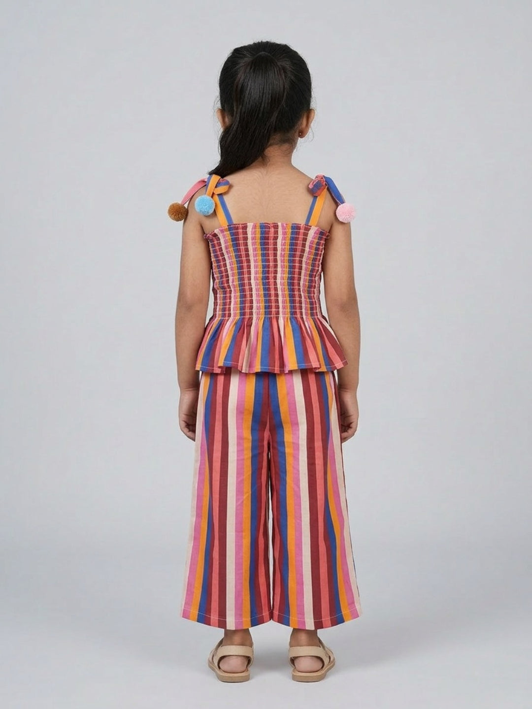 Biglilpeople Top sin mangas con cuello cuadrado, estampado a rayas multicolor y pompones para niñas, con palazo de pierna ancha