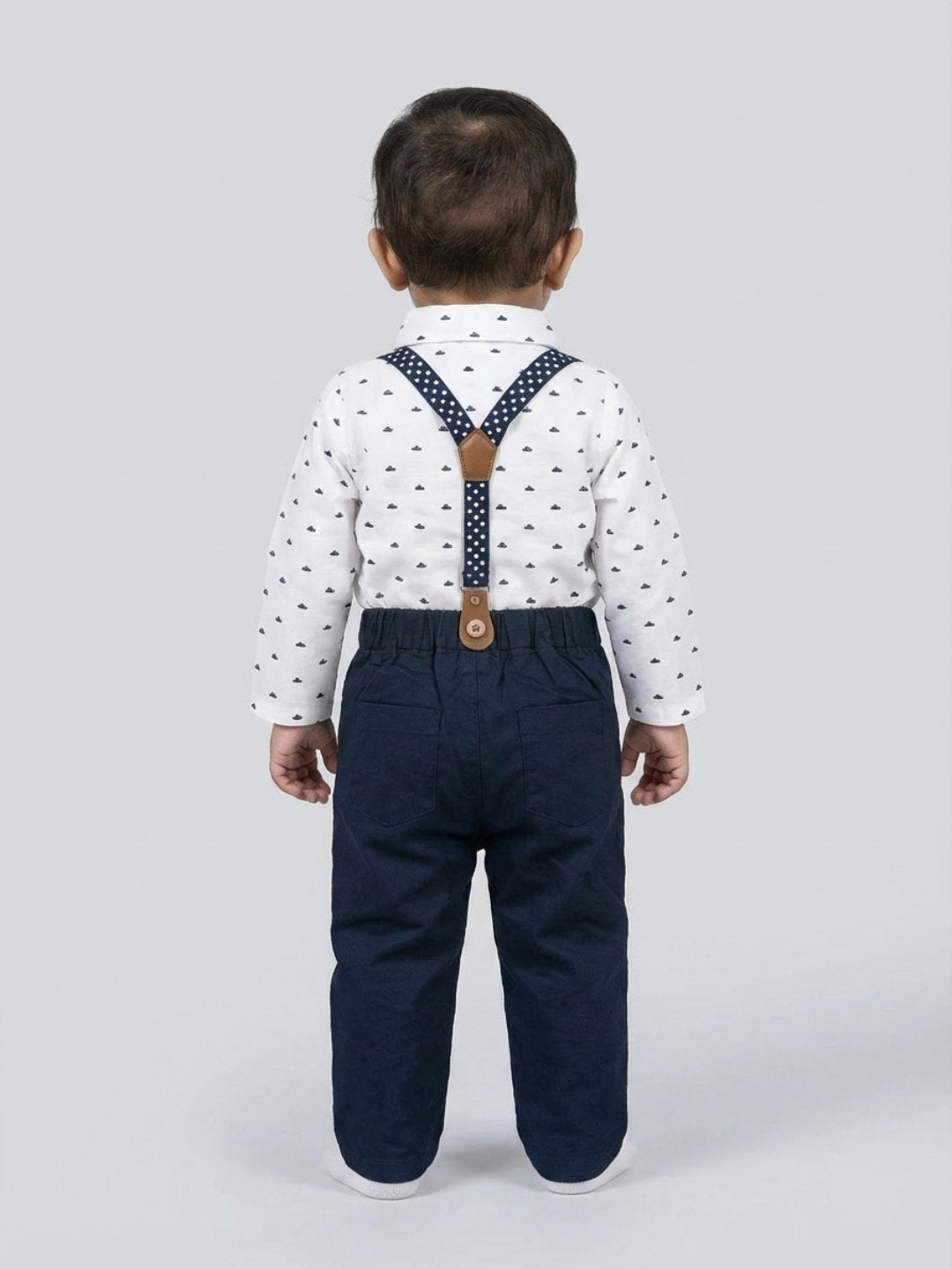 Biglilpeople Boys Navy Blue Spread Collar Full Sleeves Bow Tie & Suspenders Formal Set