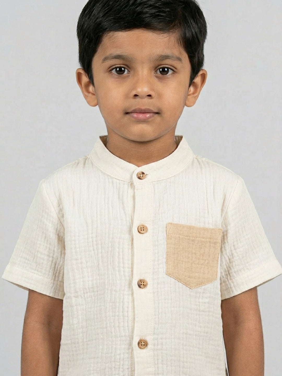 Biglilpeople Boys Organic Soft Crinkled Muslin Off White Mandarin Collar Shirt & Beige Short