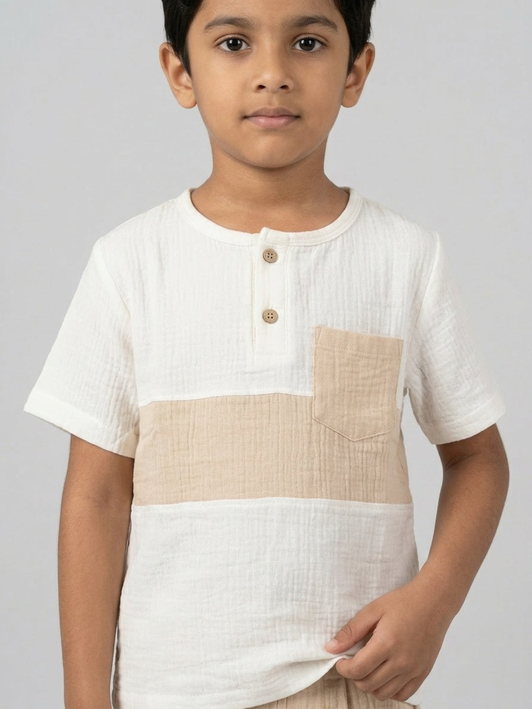 Biglilpeople Boys Organic Soft Crinkled Muslin Off White & Beige Shirt & Short