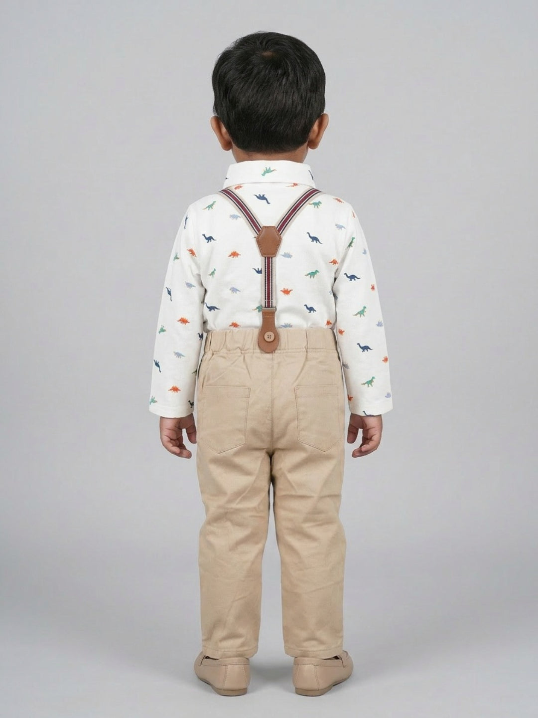 Biglilpeople Infant Boys White Base Printed Shirt with Classic Bow Tie & Beige Pant with Suspenders