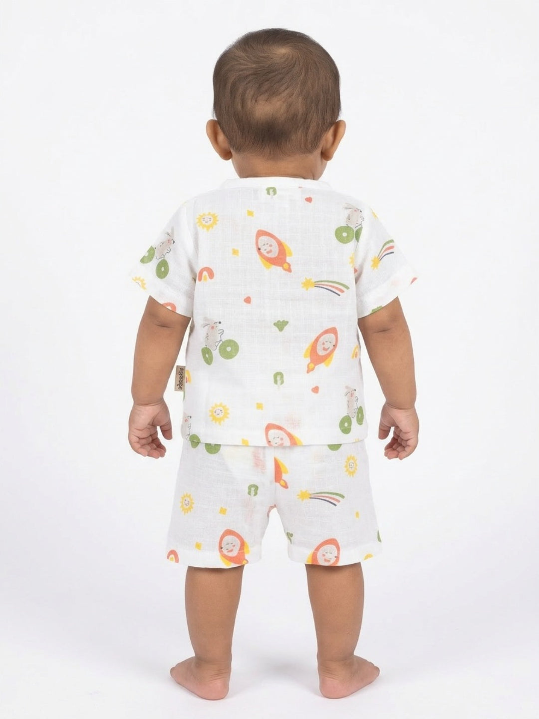 Biglilpeople Unisex Multicolor Rocket Print Round Neck Short Sleeves Clothing Set