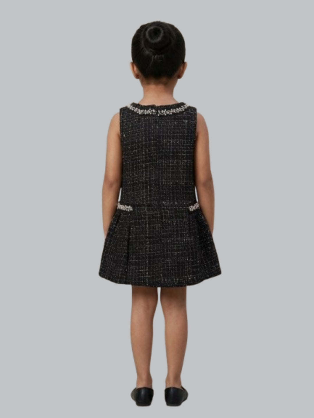 Biglilpeople Girls Black Tweed Bow Detailed Round Neck Sleeveless A-Line Dress