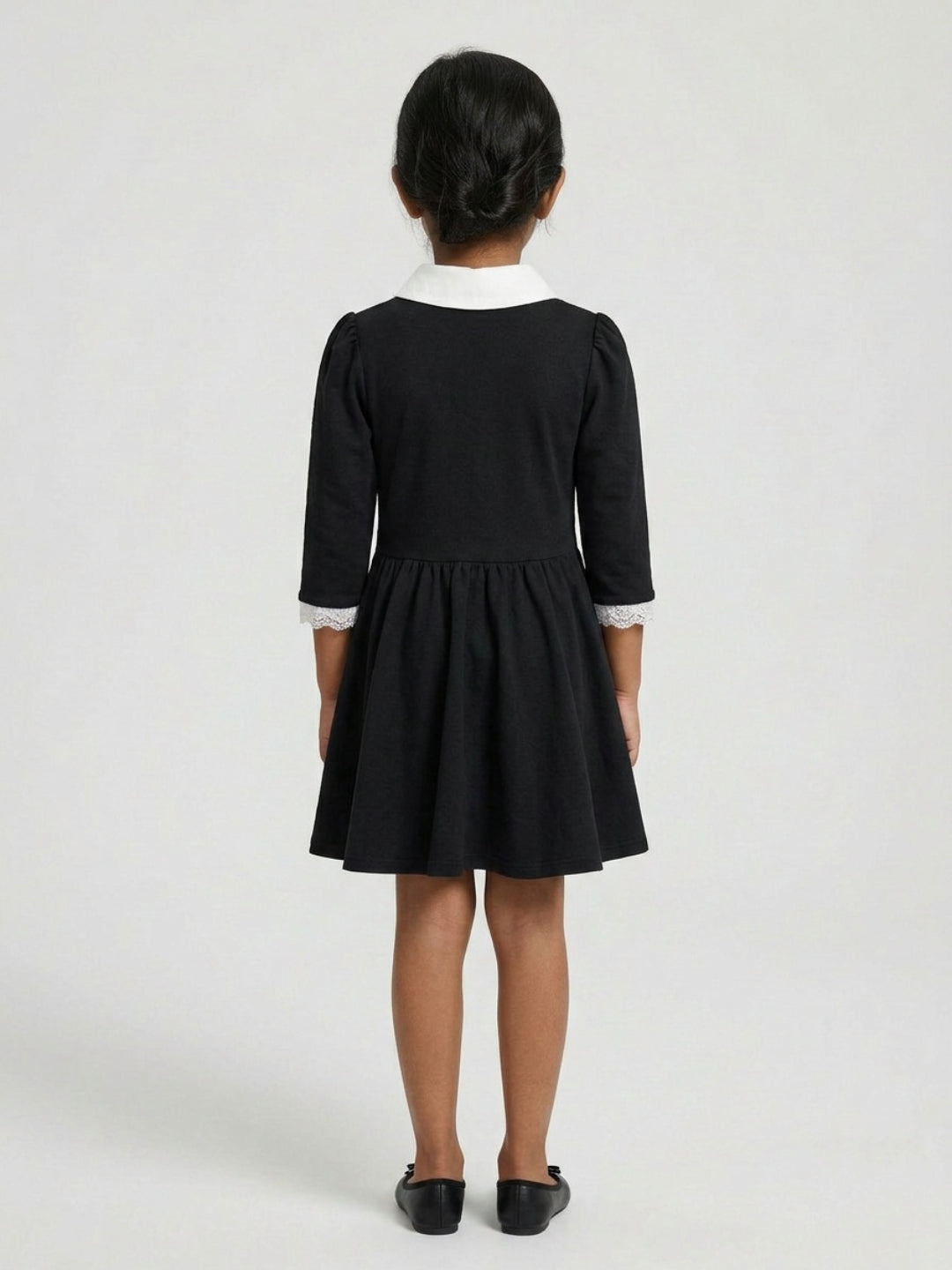 Biglilpeople Girls Black Embroidered Lace Spread Collar 3/4th Sleeves A-Line Dress