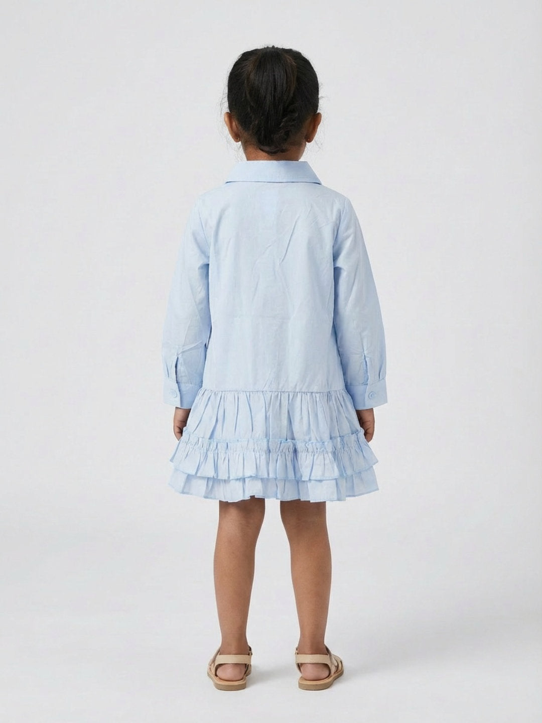 Biglilpeople Girls Blue Spread Collar Full Sleeves Drop-Waist Shirt Dress