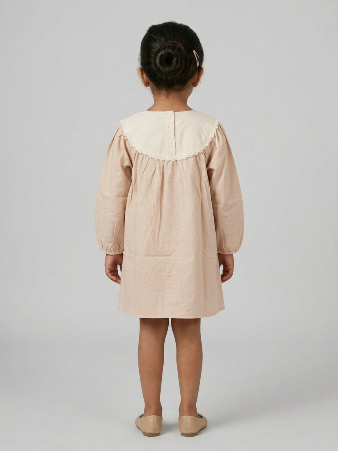 Biglilpeople Girls Peach Embroidered Lace Round Neck Long Sleeves A-Line Dress