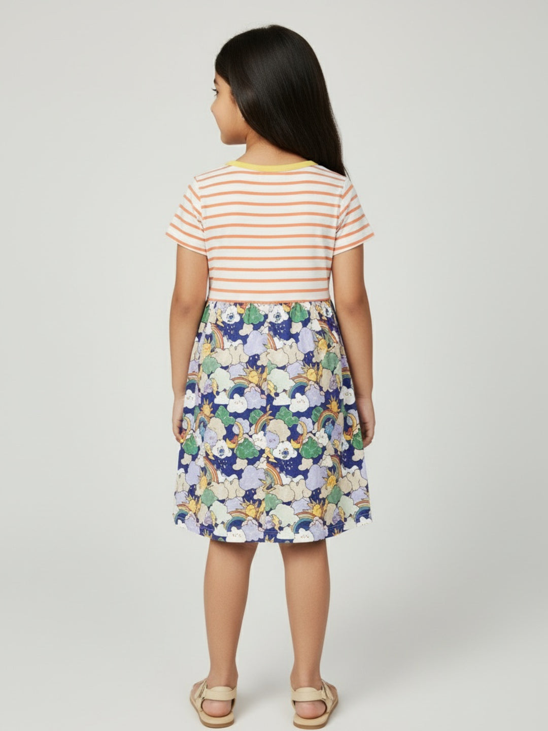 Biglilpeople Girls Rainbow Print Short Sleeves Knee Length A-Line Dress