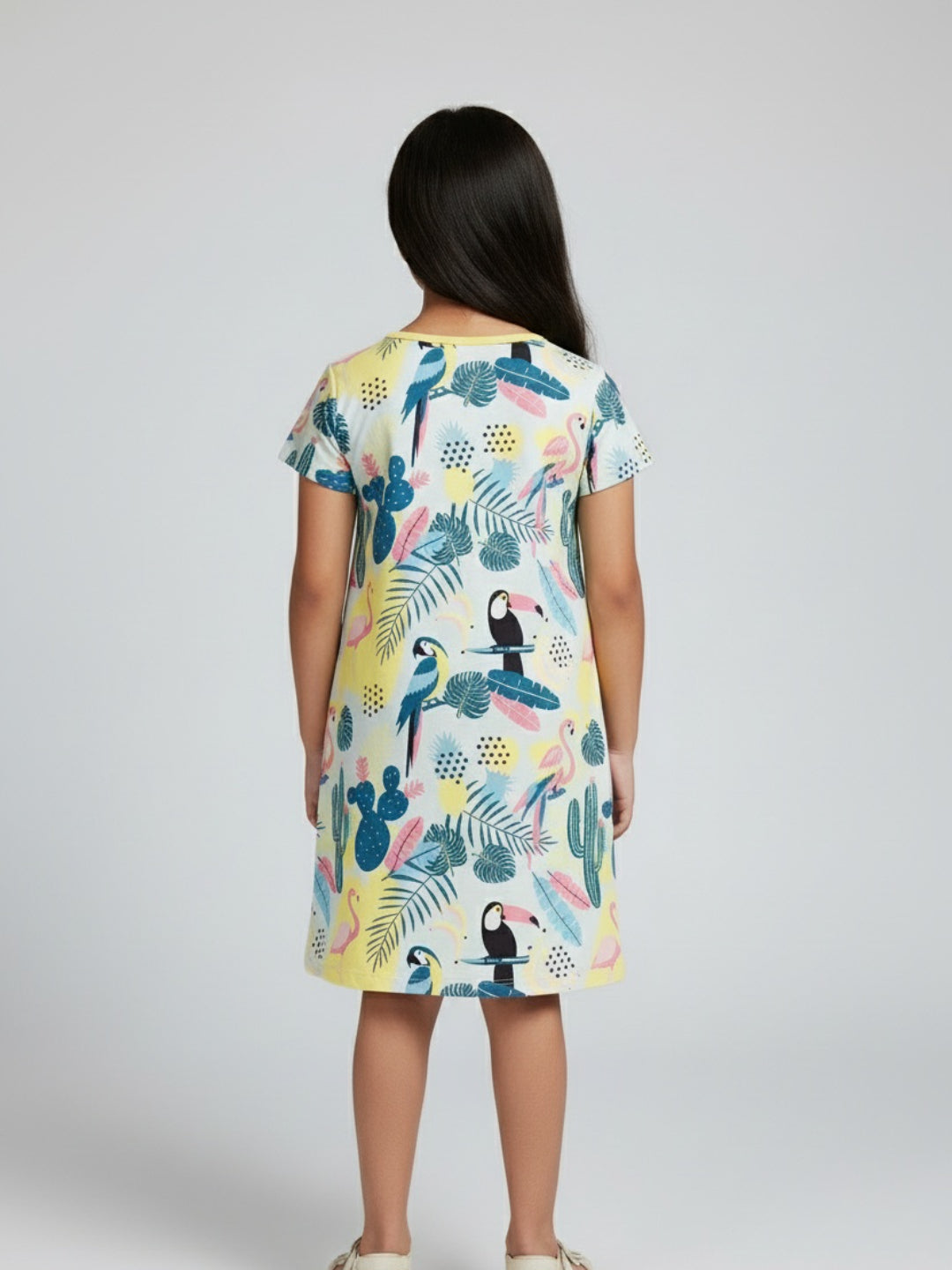 Biglilpeople Girls Flamingo & Tropical Print Short Sleeves Knee Length A-Line Dress