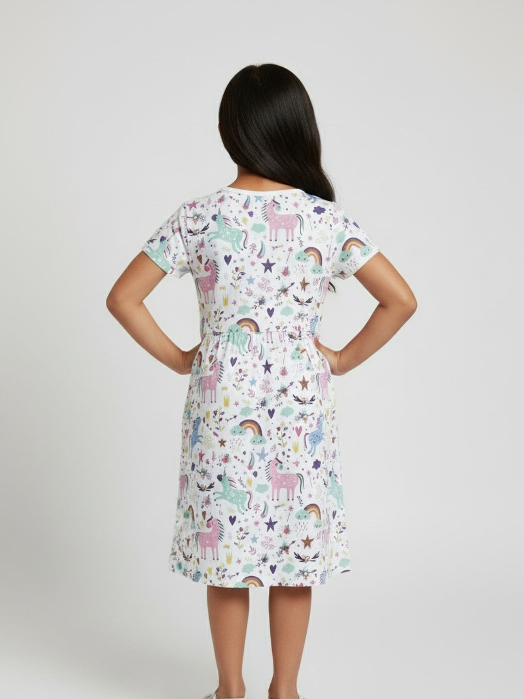 Biglilpeople Girls Unicorn Print Short Sleeves Knee Length A-Line Dress