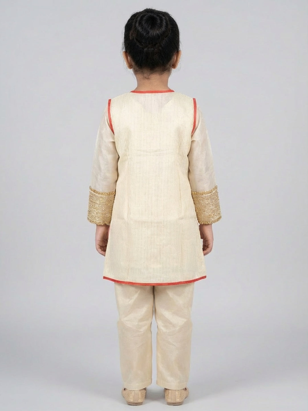 Biglilpeople Girls Traditional Ivory Straight Kurta with Pant & Sleeveless Jacket