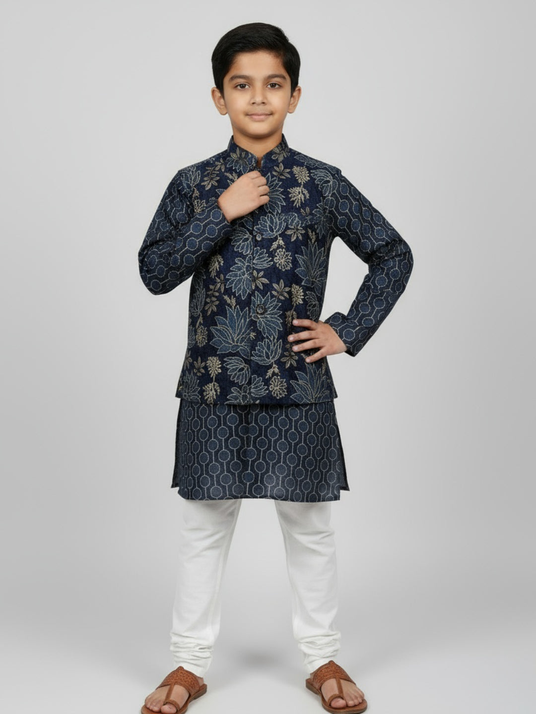 Boys Printed Kurta with Jacket and White Churidar Set