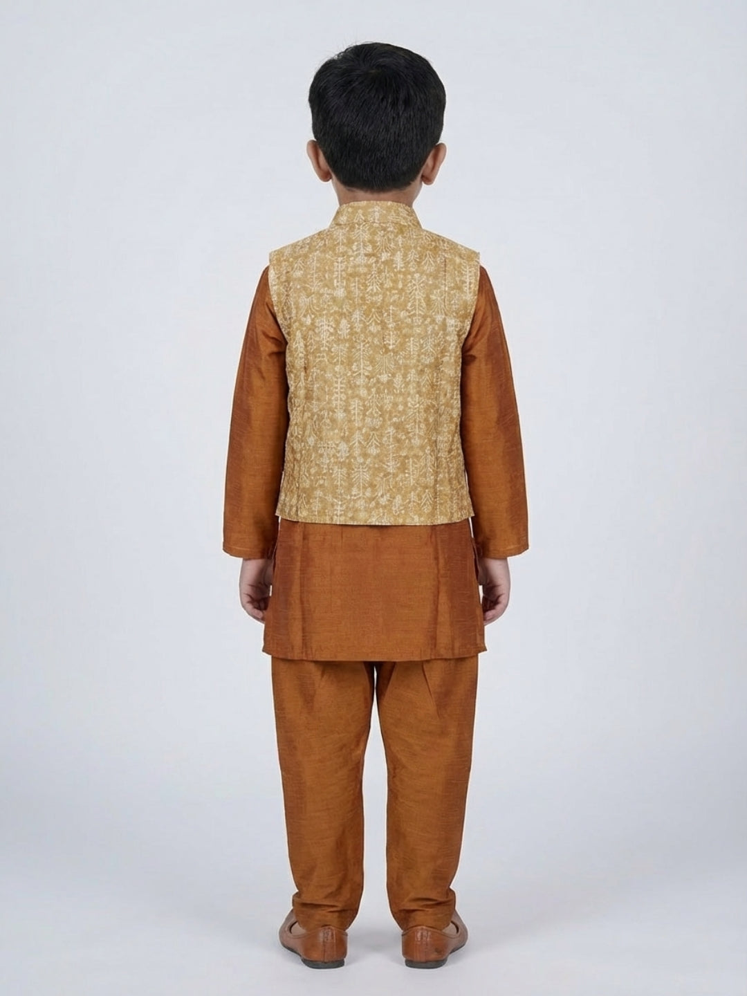 Biglilpeople Boys Solid Brown Straight Kurta & Pyjama Set with Nehru Jacket