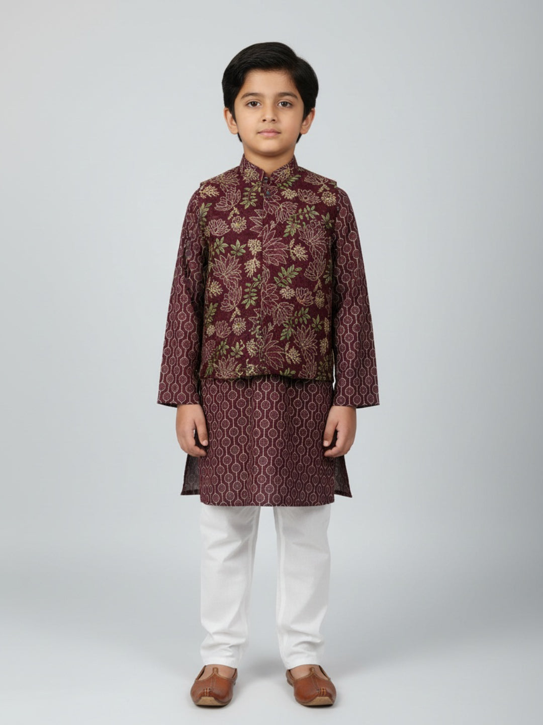 Boys Printed Kurta with Jacket and White Churidar Set