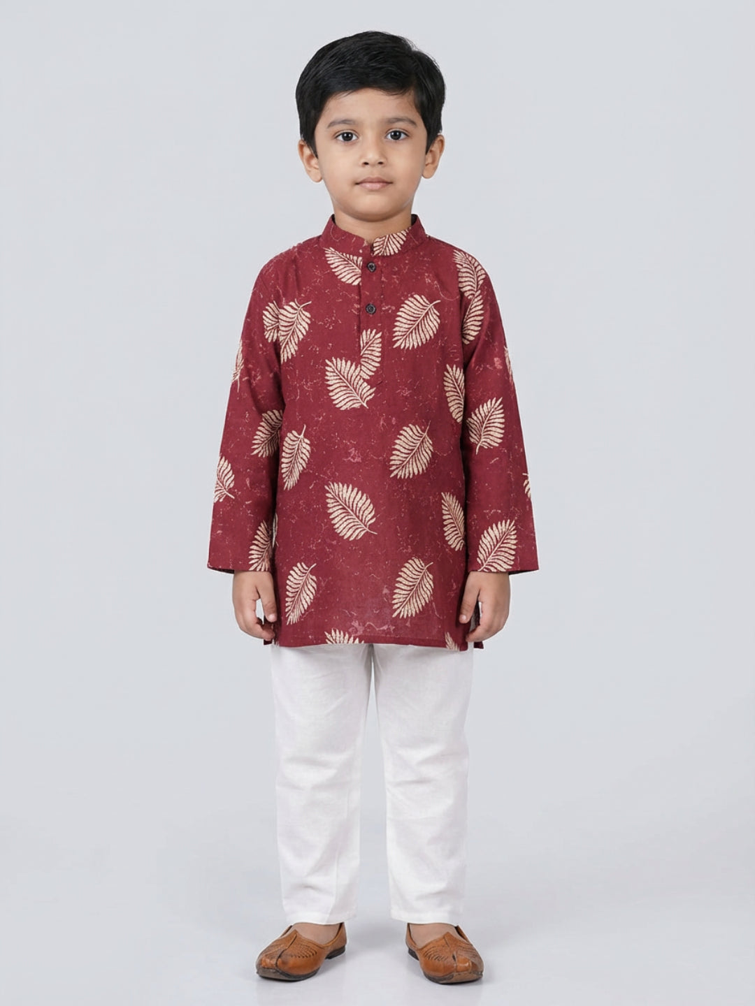 Biglilpeople Boys Maroon Leaf Print Mandarin Collar Full Sleeves Straight Kurta Pyjamas Set