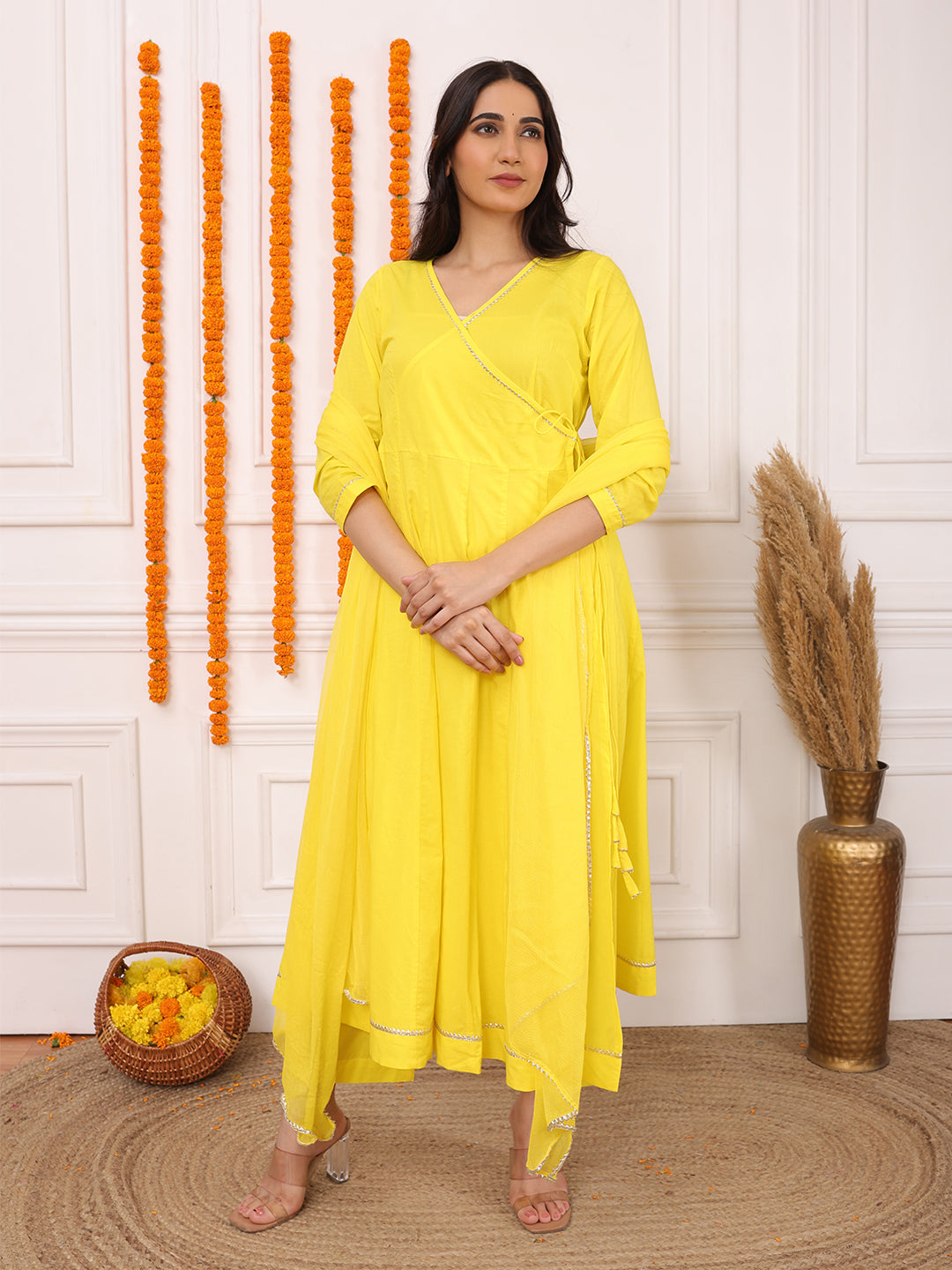 Biglilpeople Women's Solid V-Neck 3/4th Sleeves Angrakha Set