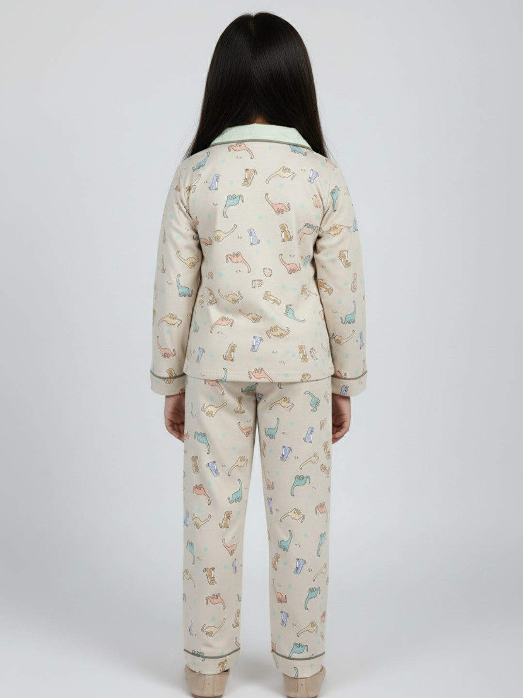 Biglilpeople Cotton Dino Print Beige Night Suit