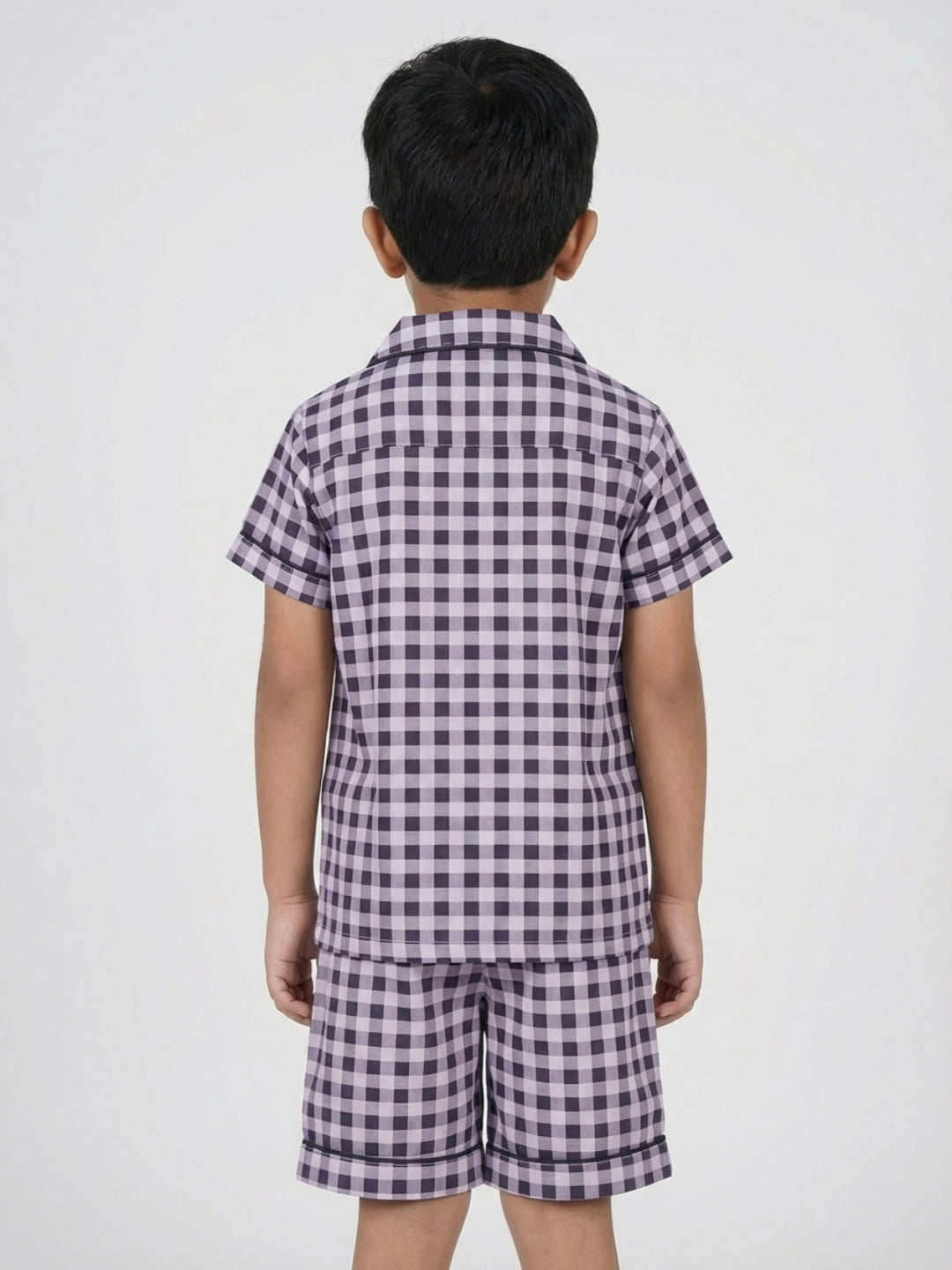 Biglilpeople Boys Black & Purple Checked Pure Cotton Short Sleeves Shirt & Shorts Nightsuit