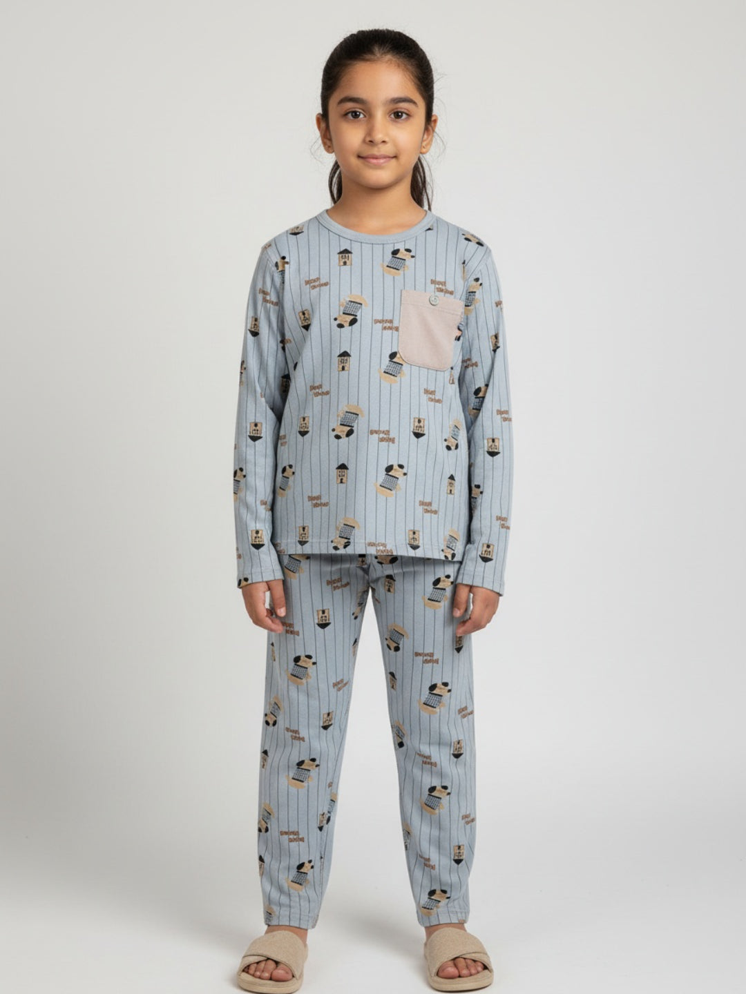 Biglilpeople Girls Blue Striped Printed Cotton Nightwear Set